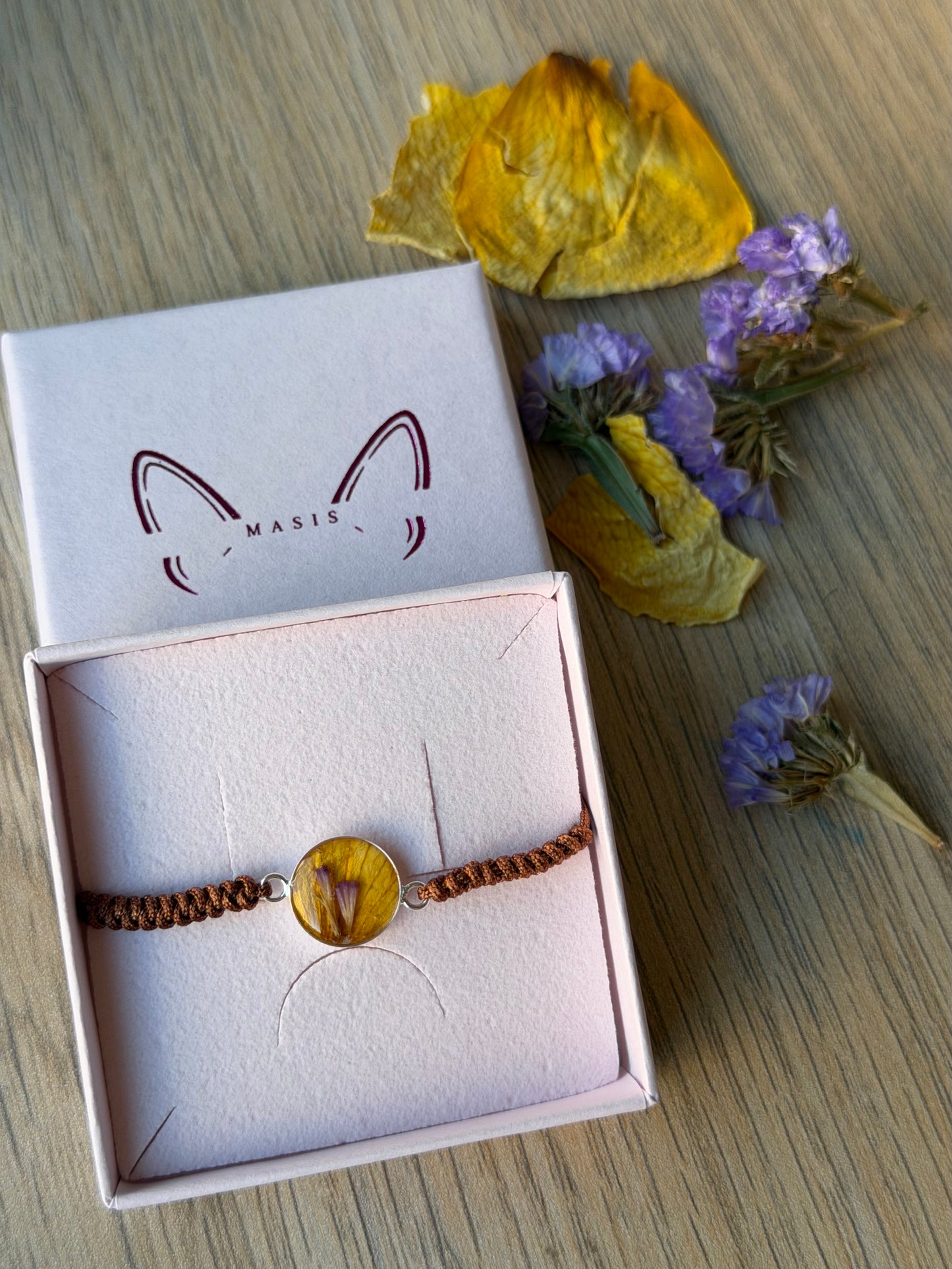 Pulsera de Nylon Unisex con Flores o Pétalos Naturales en Plata de Ley 925