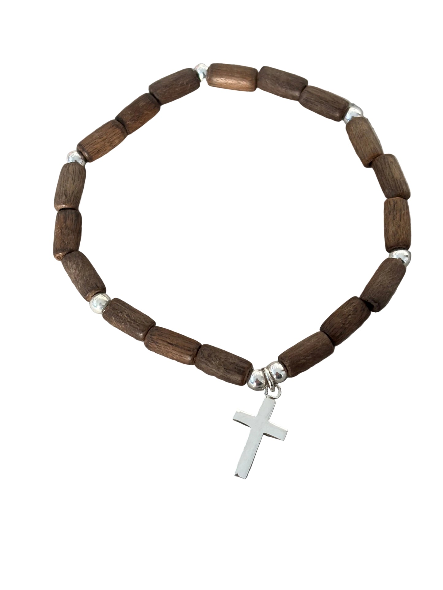 Pulsera de madera con cruz de plata