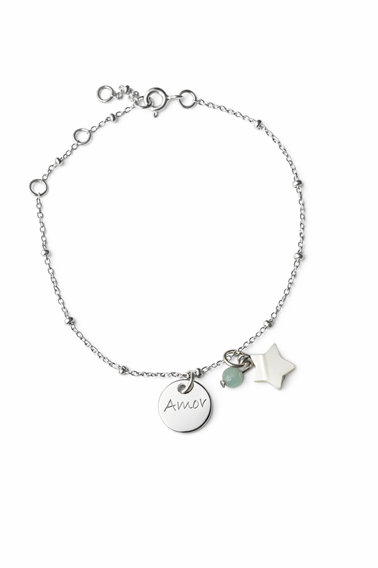 Pulsera mini bolas intercalada con medalla en plata